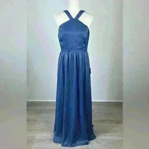 Lulus Air of Romance Vintage Blue Satin Maxi Evening Dress Women's Size Large